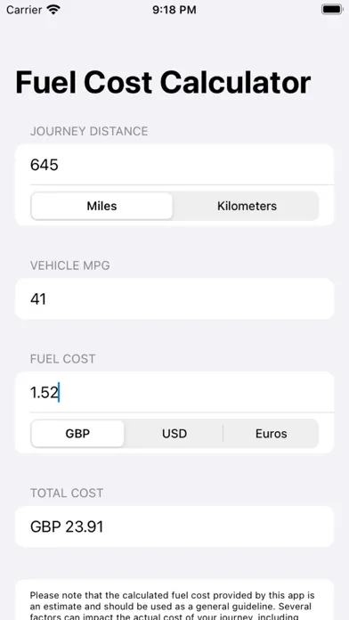 ภาพหน้าจอของ Fuel Cost Calculator Pro