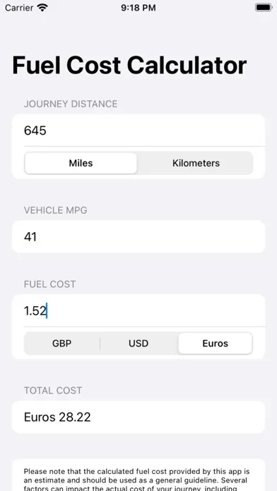 ภาพหน้าจอของ Fuel Cost Calculator Pro
