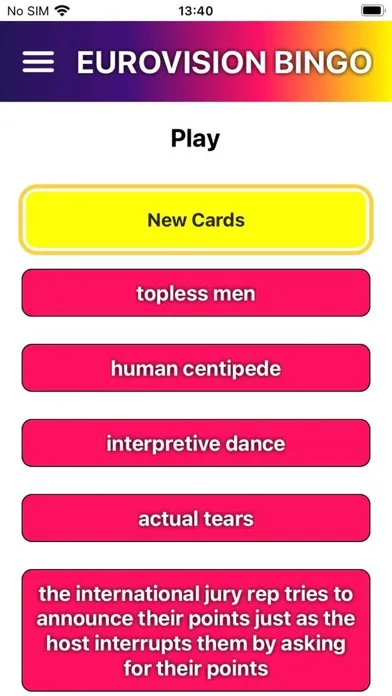 Zrzuty ekranu Eurovision Bingo