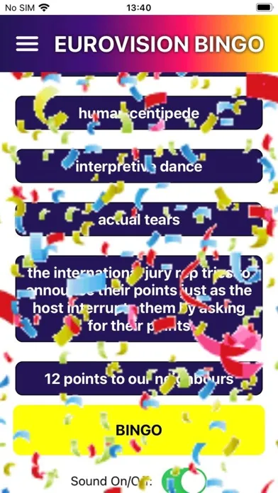 Zrzuty ekranu Eurovision Bingo