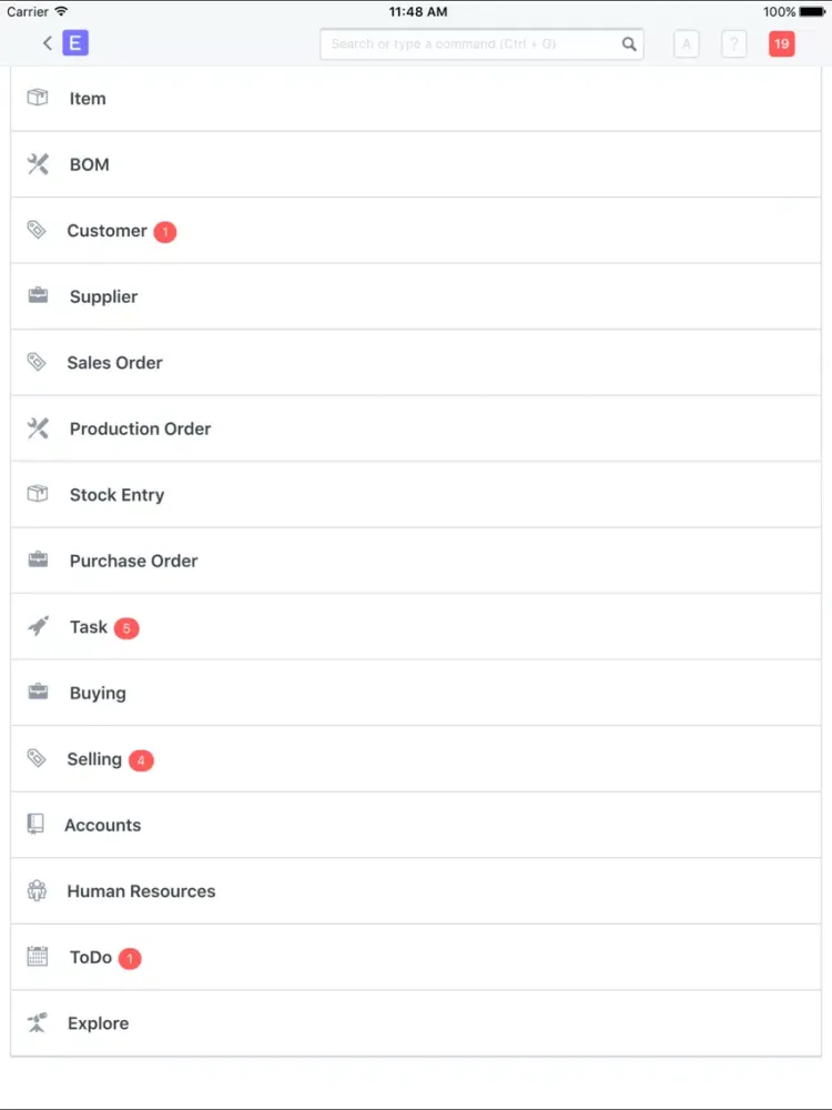 Ảnh chụp màn hình của ERPNext iPad 