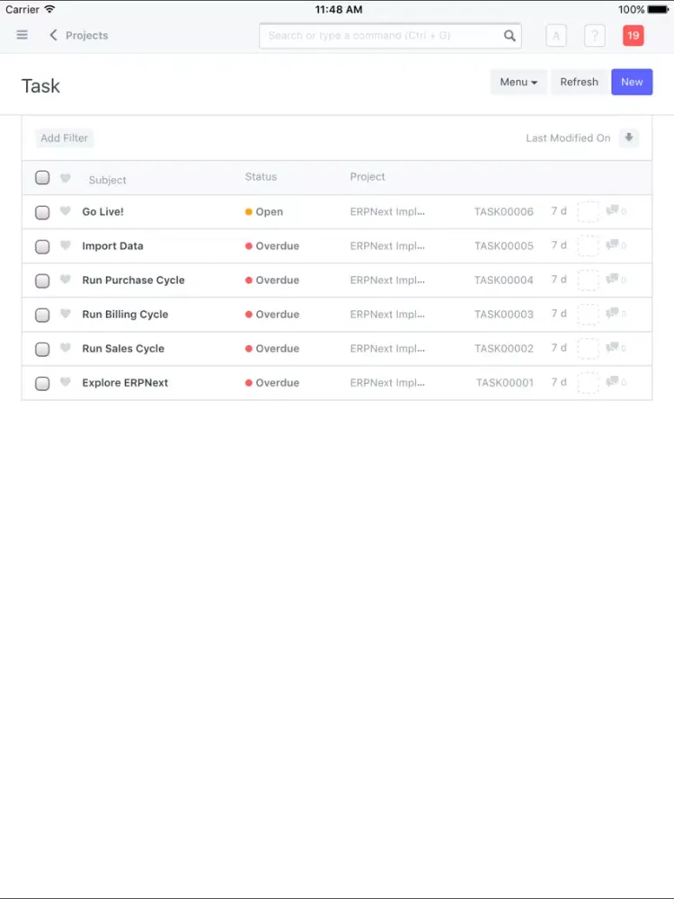 Ảnh chụp màn hình của ERPNext iPad 