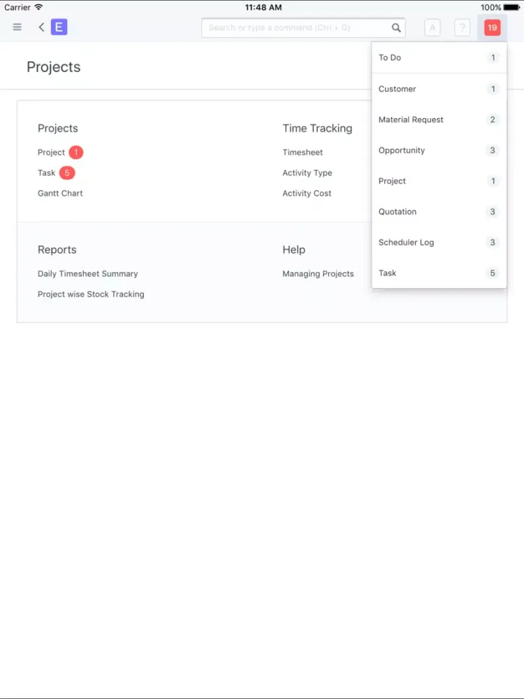 Ảnh chụp màn hình của ERPNext iPad 