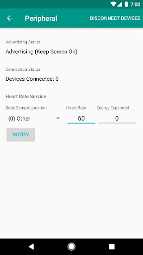 Screenshot di BLE Peripheral Simulator