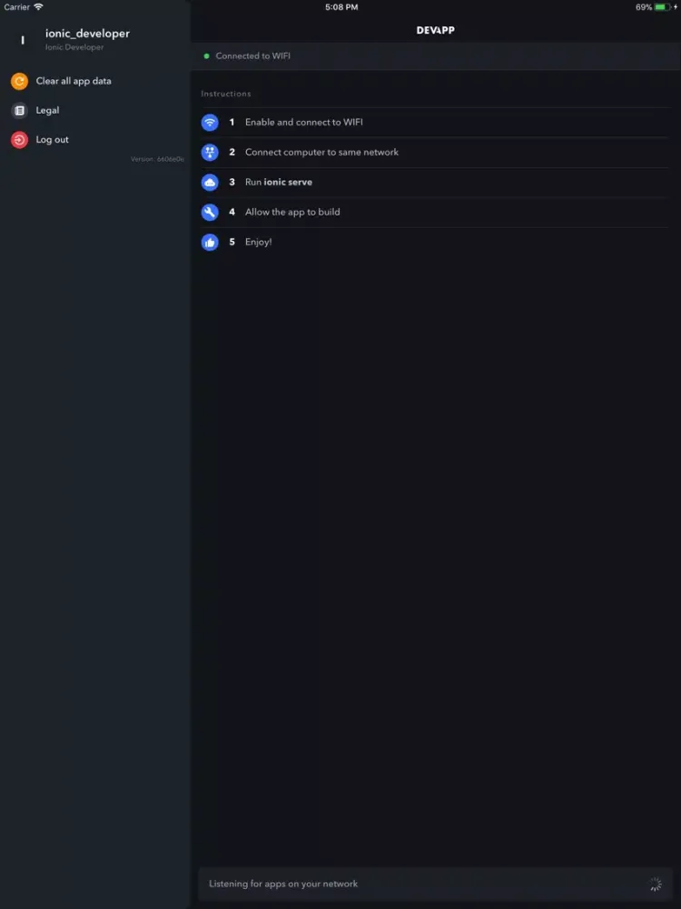 Screenshot di Ionic DevApp iPad