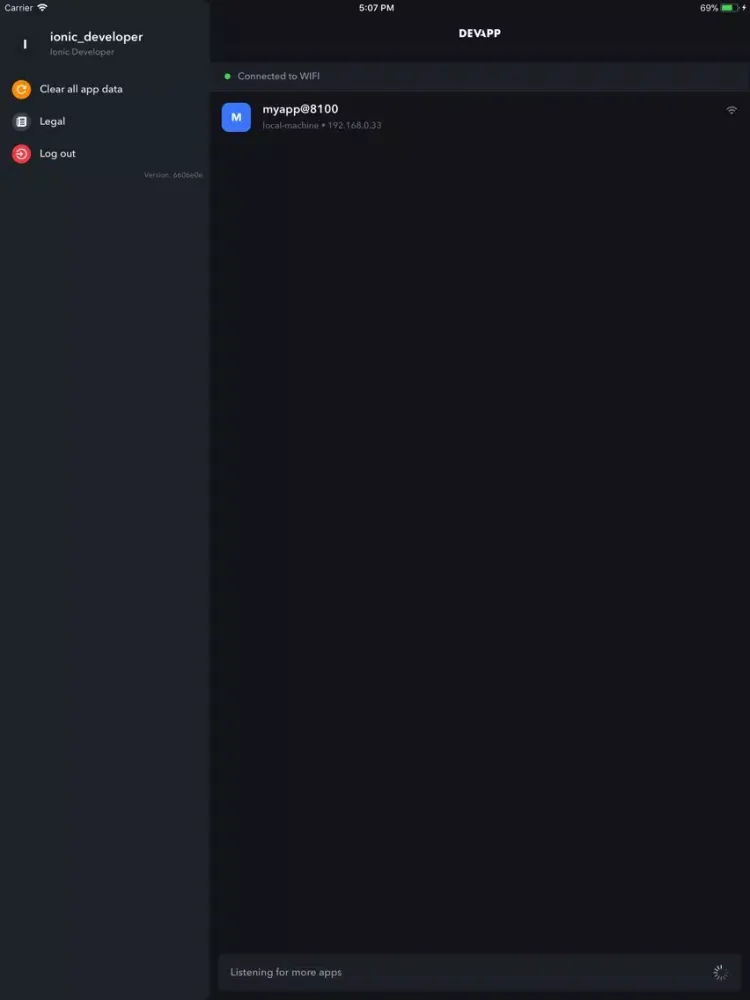 Screenshot di Ionic DevApp iPad