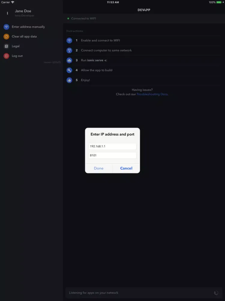 Screenshot di Ionic DevApp iPad