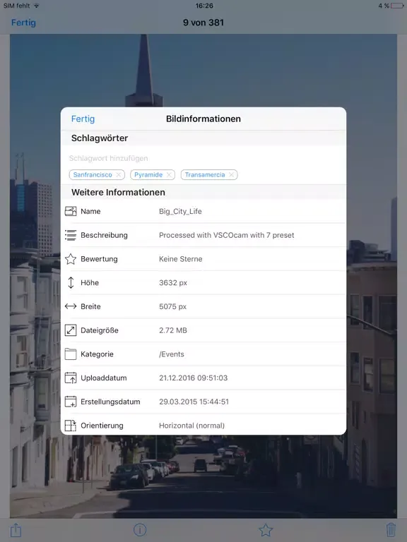 Tangkapan skrin pixx.io Bildverwaltung iPad 