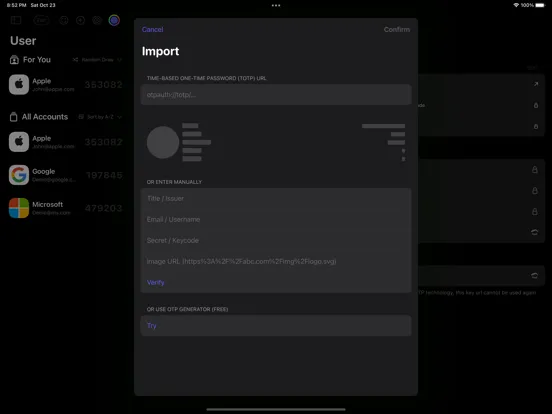 Capturas de pantalla de auth. - 2FA Smart Sync iPad 
