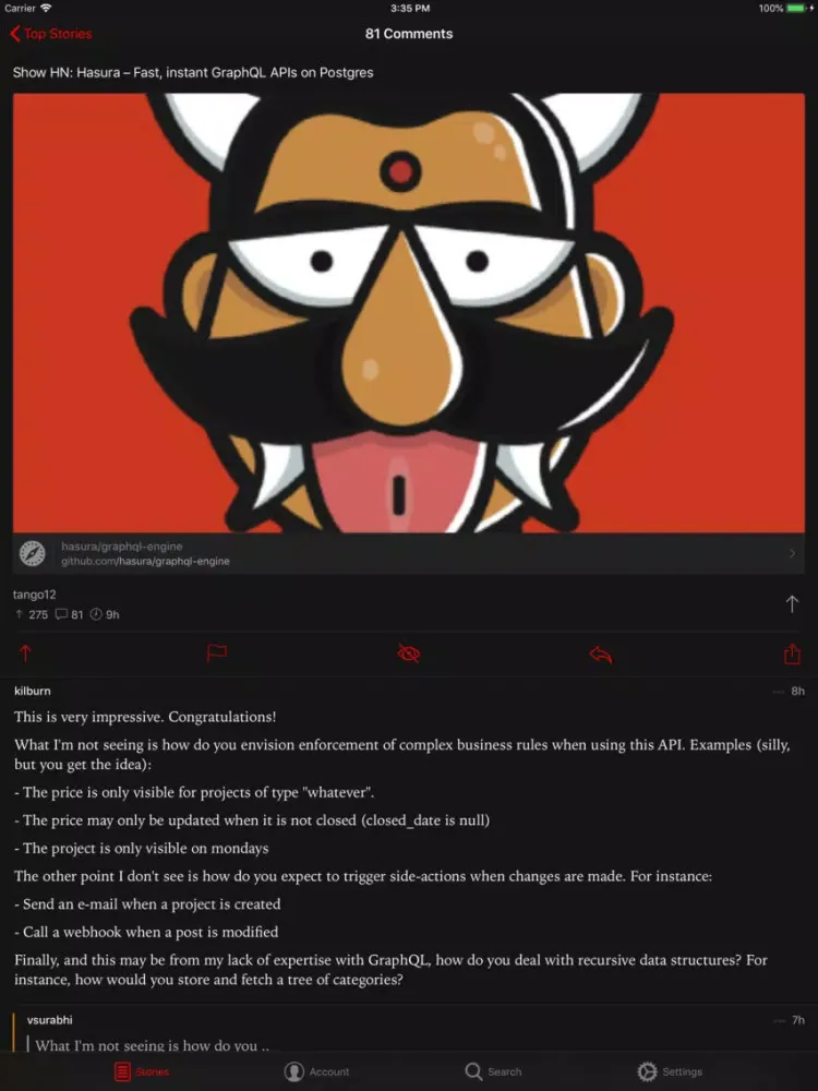 Screenshot di Hekla for Hacker News iPad 