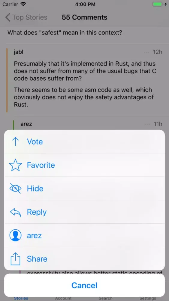 Screenshot di Hekla for Hacker News