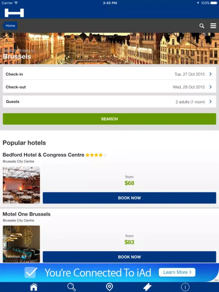 Brussels Hotels + Compare and Booking Hotel for Tonight with map and travel tour iPad 应用截图