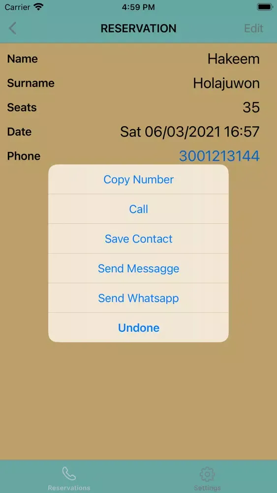 Screenshot di Reservation App