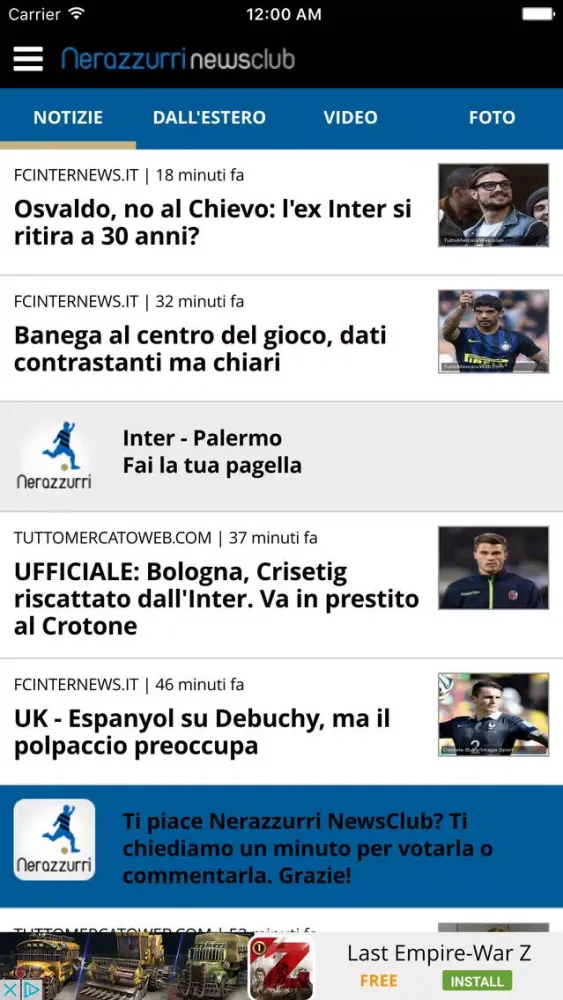 Capturas de tela do Nerazzurri NewsClub