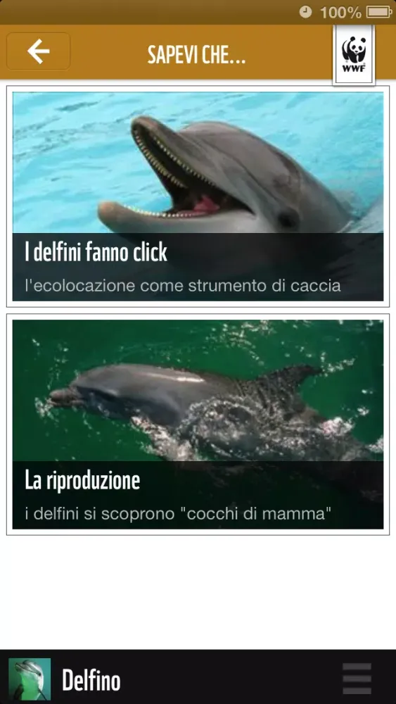 Capturas de tela do WWF Adoption, l'app ufficiale di chi ha adottato le specie in pericolo