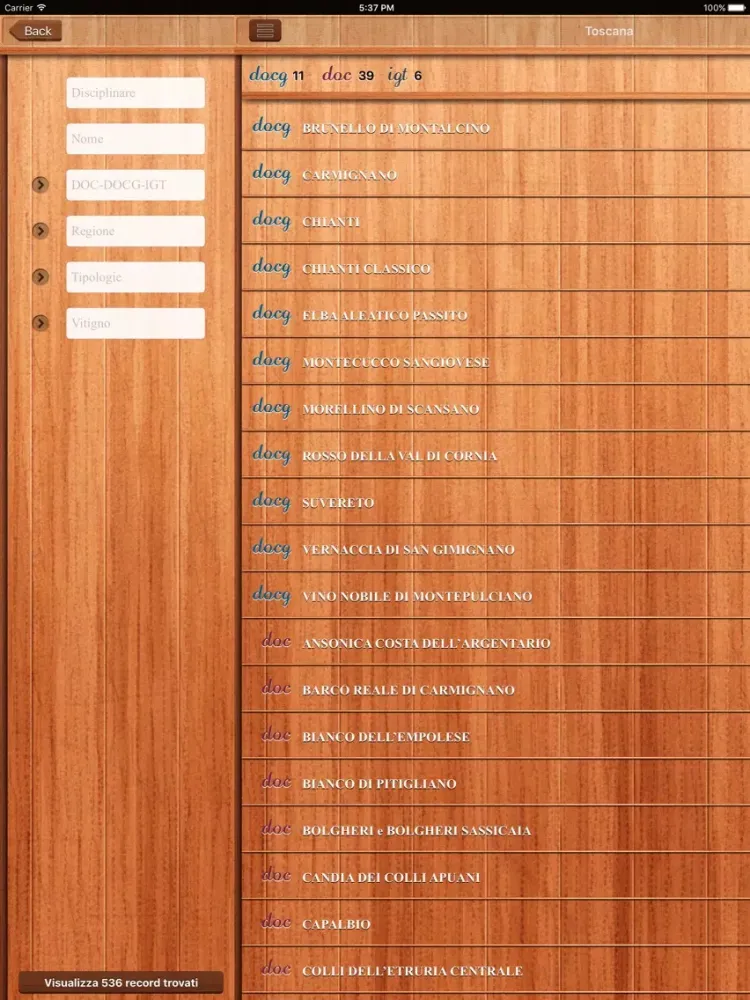 Screenshot di DOCG iPad 