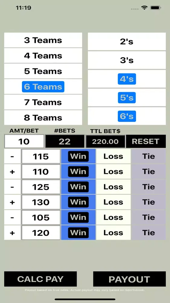 Tangkapan layar Round Robin Bet Calculator