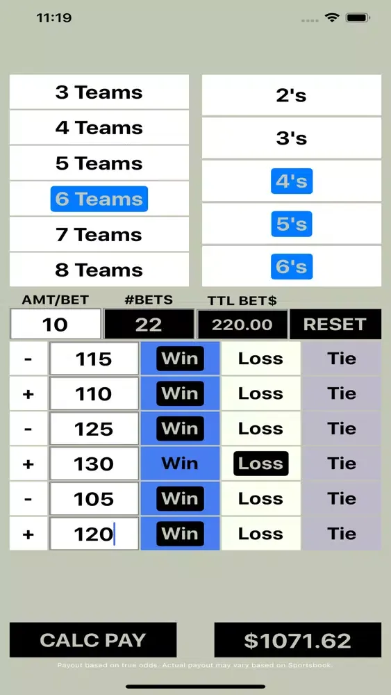 Tangkapan layar Round Robin Bet Calculator