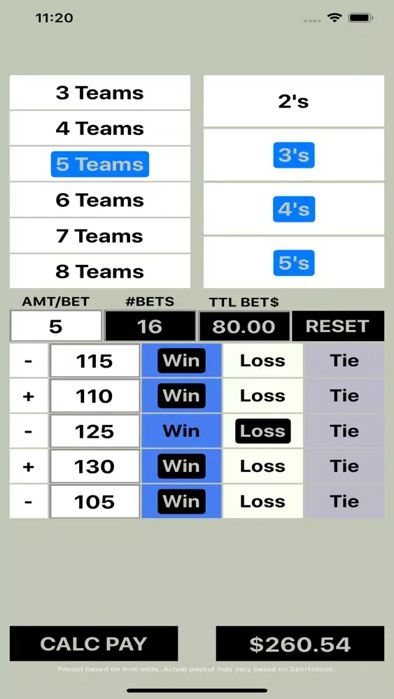 Tangkapan layar Round Robin Bet Calculator