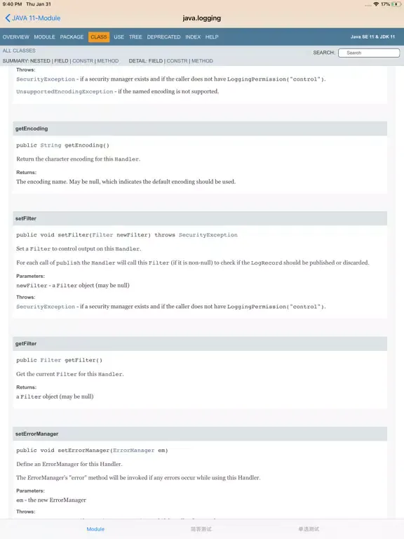 ภาพหน้าจอของ Java SDK 11 API Reference iPad 