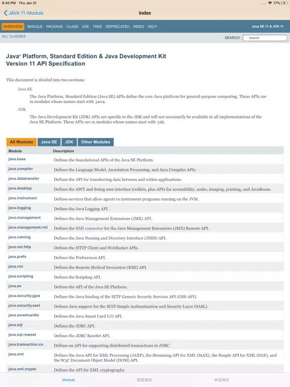 ภาพหน้าจอของ Java SDK 11 API Reference iPad 
