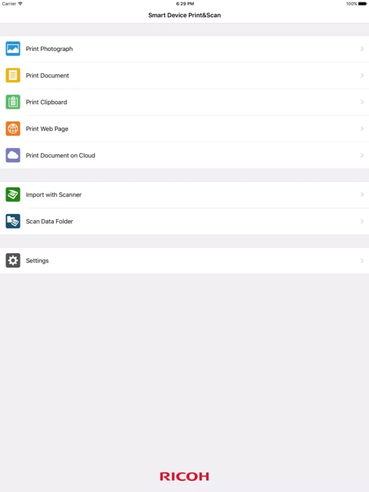 Zrzuty ekranu RICOH Smart Device Print&Scan iPad 