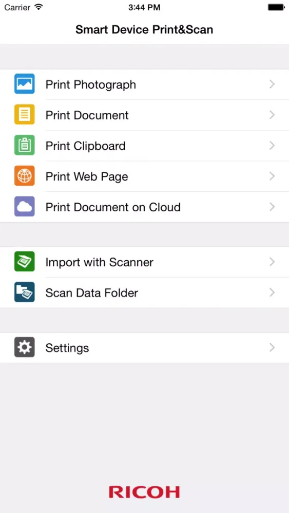 Zrzuty ekranu RICOH Smart Device Print&Scan