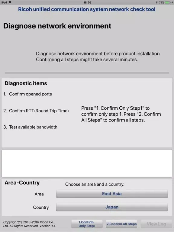 Tangkapan layar RICOH UCS Network Check Tool iPad 