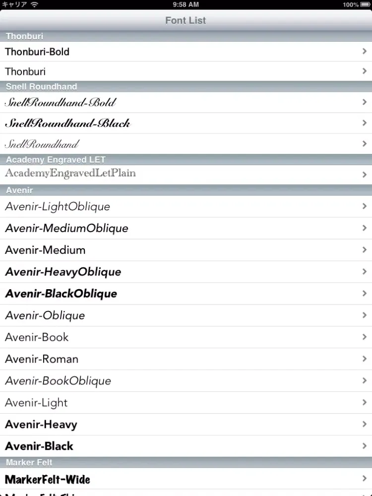 Capturas de tela do Font List Viewer iPad 