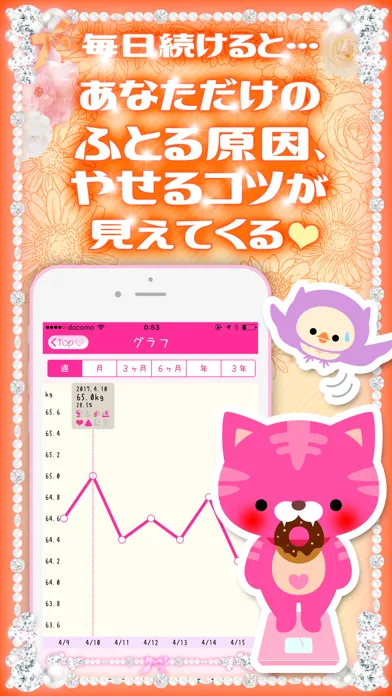 Ảnh chụp màn hình của 『やせログ』かわいい＆ゴージャスなダイエット記録アプリ