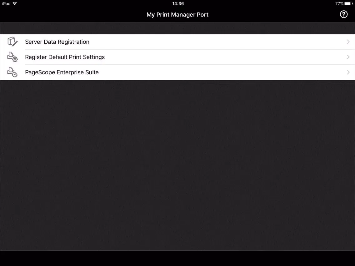 Capturas de tela do PageScope My Print Manager Port for iPhone/iPad iPad 