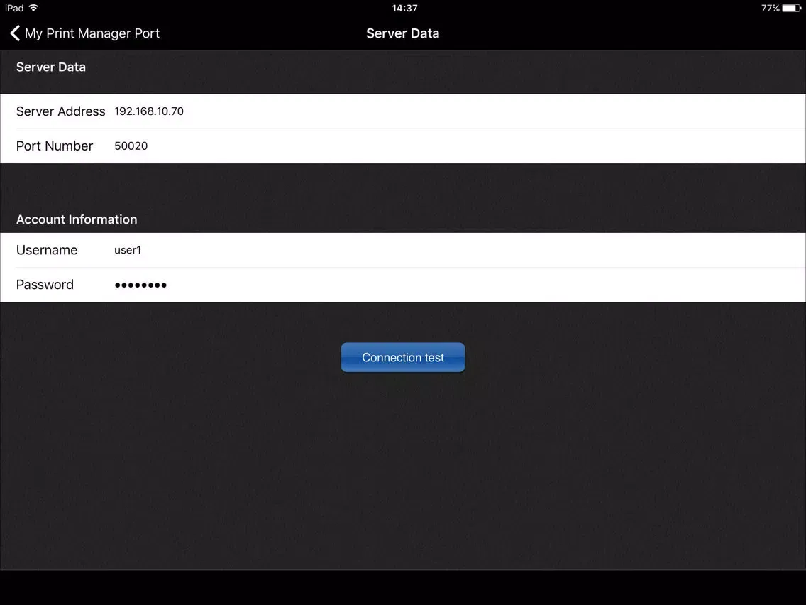 Capturas de tela do PageScope My Print Manager Port for iPhone/iPad iPad 