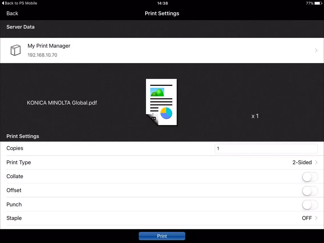 Capturas de tela do PageScope My Print Manager Port for iPhone/iPad iPad 