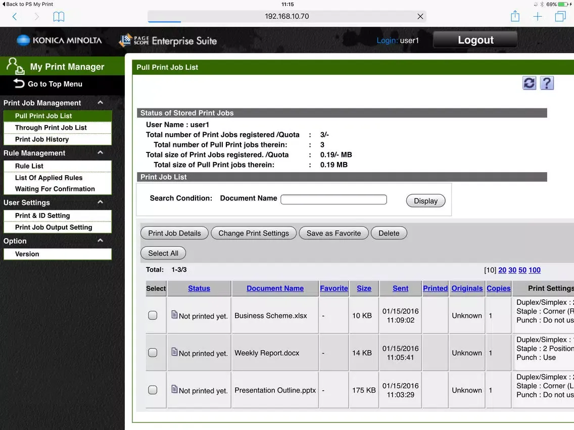 Capturas de tela do PageScope My Print Manager Port for iPhone/iPad iPad 