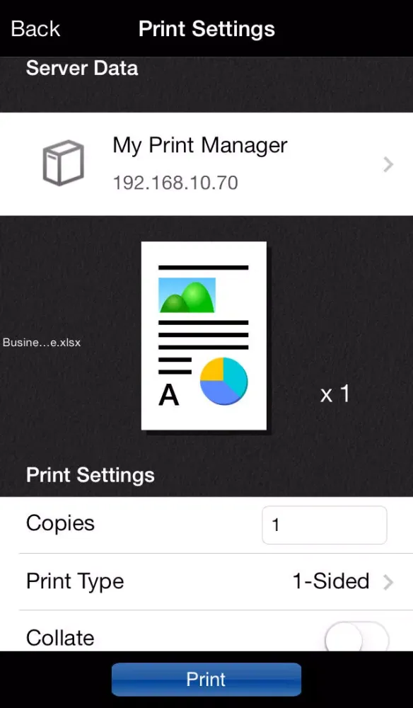 Capturas de tela do PageScope My Print Manager Port for iPhone/iPad