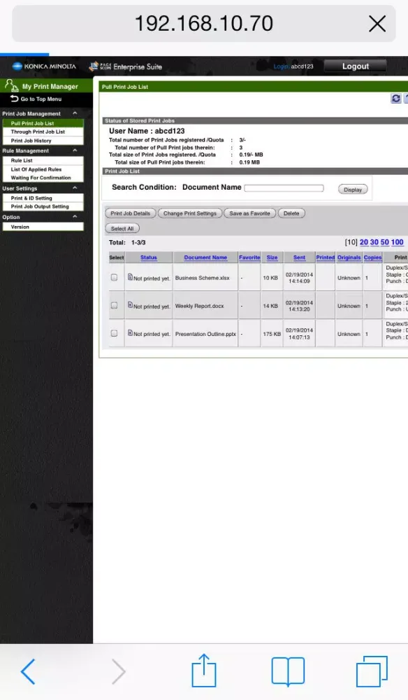 Capturas de tela do PageScope My Print Manager Port for iPhone/iPad