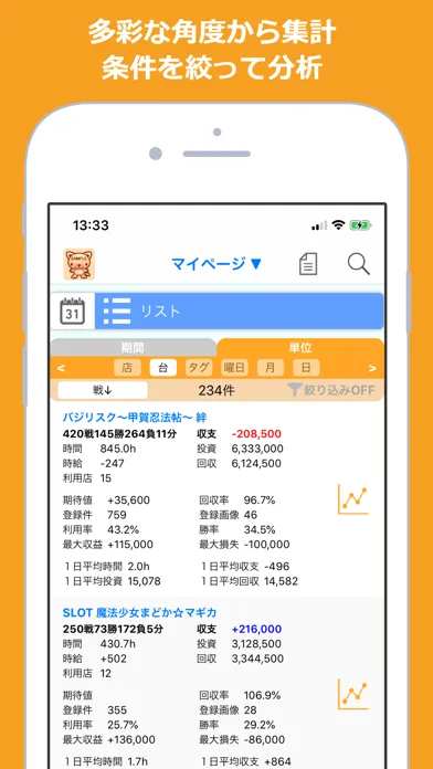 Capturas de tela do Myパチ収支表 パチンコ・パチスロ収支管理