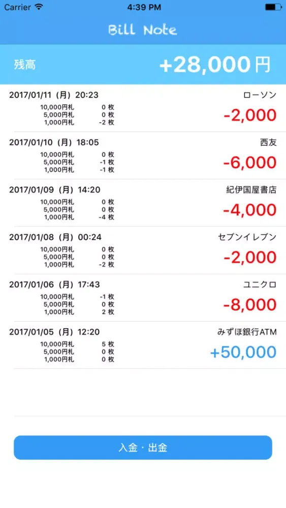 Ảnh chụp màn hình của 財布から出したお札の枚数を入力する家計簿アプリ - Bill Note