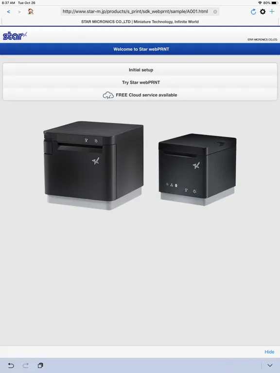 Ảnh chụp màn hình của Star webPRNT Browser iPad 