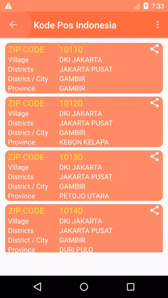 Tangkapan skrin Postal Code for Indonesia