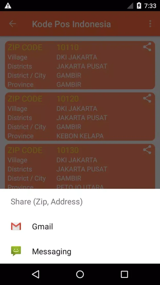 Tangkapan skrin Postal Code for Indonesia