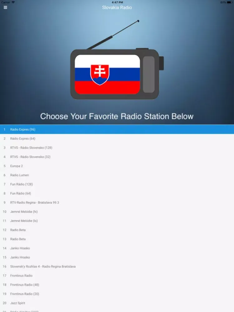 Ảnh chụp màn hình của Slovakia Radio Station: Slovak iPad 