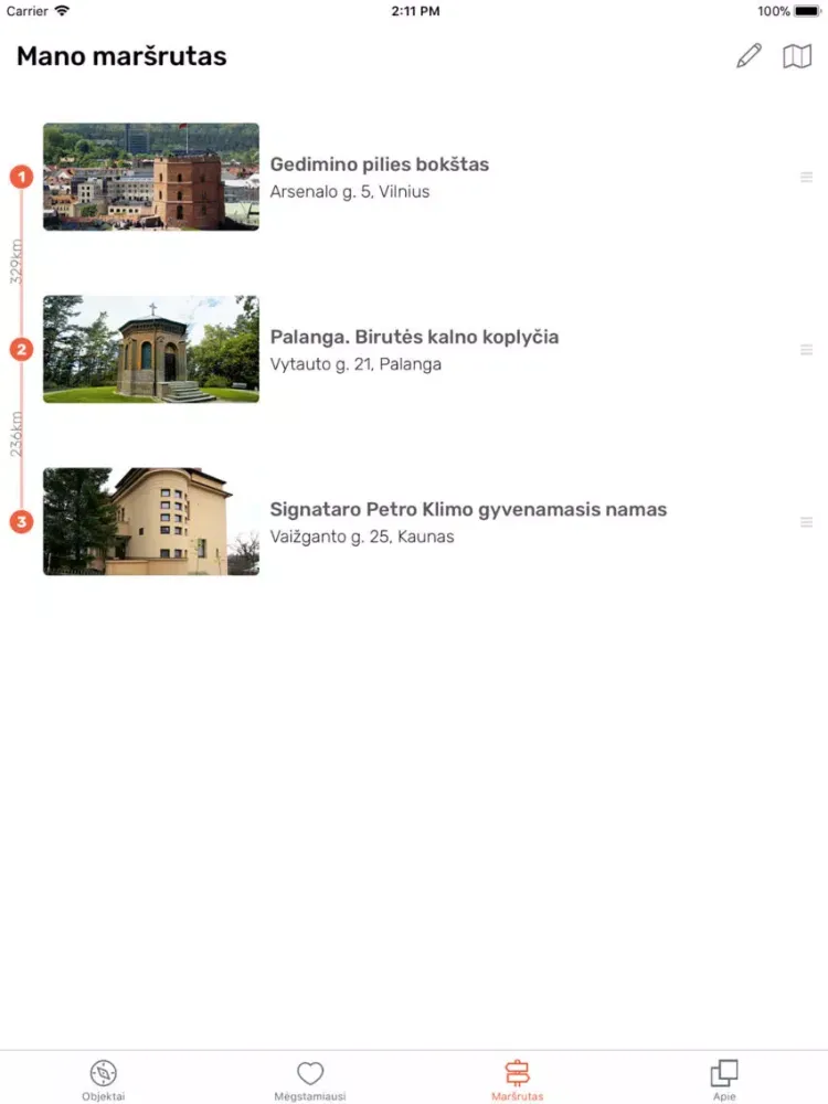 Capturas de tela do LT100 maršrutai iPad 