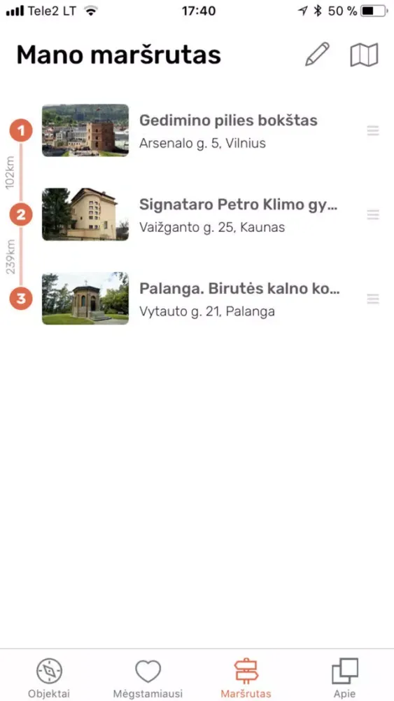 Capturas de tela do LT100 maršrutai