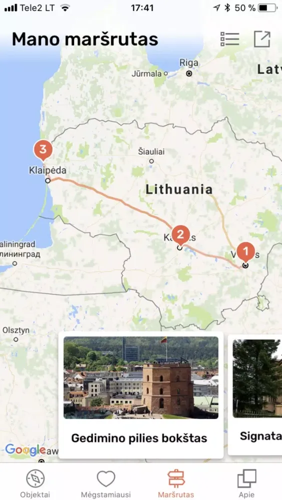 Capturas de tela do LT100 maršrutai