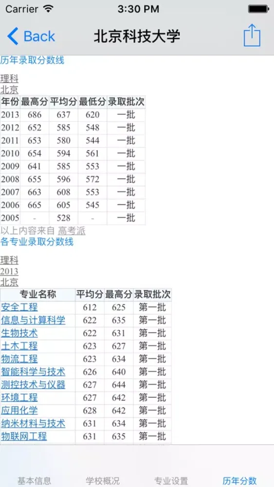 Ảnh chụp màn hình của 中国100所高校-基本信息|学校概况|专业设置|历年分数线