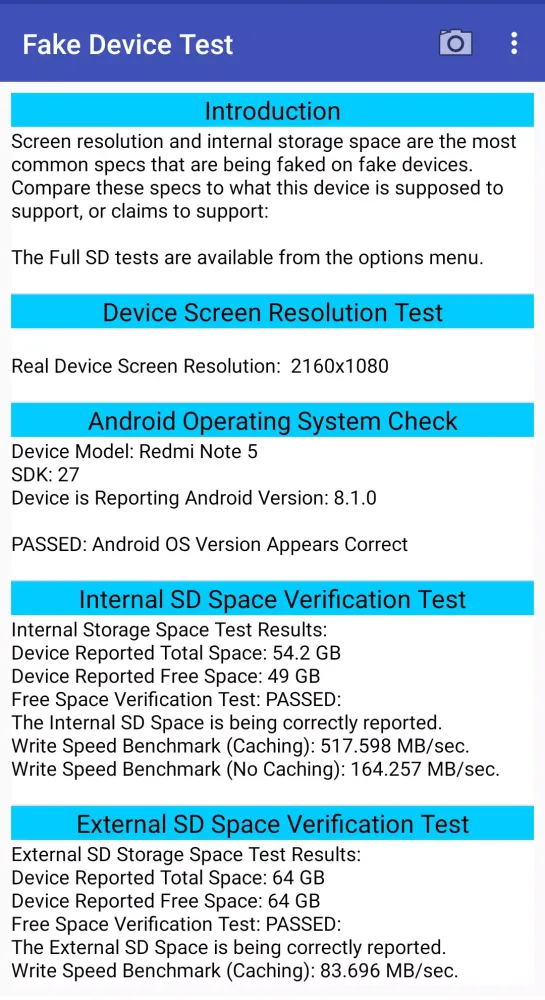 Ảnh chụp màn hình của Fake Device Test