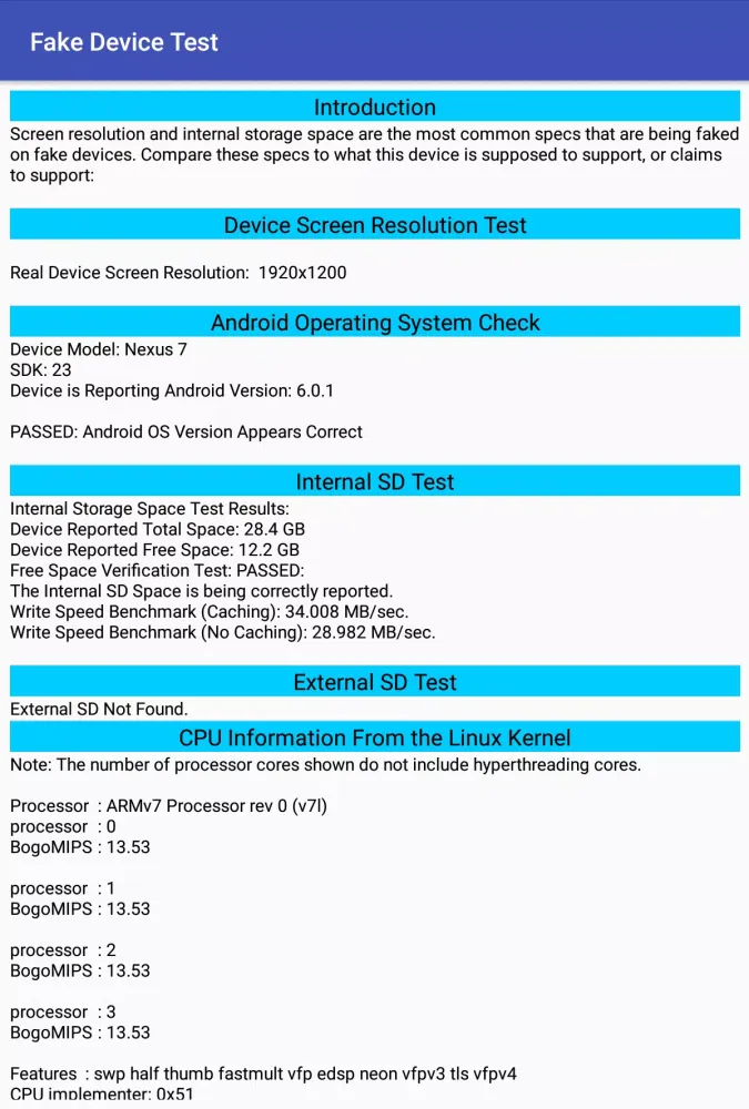 Ảnh chụp màn hình của Fake Device Test