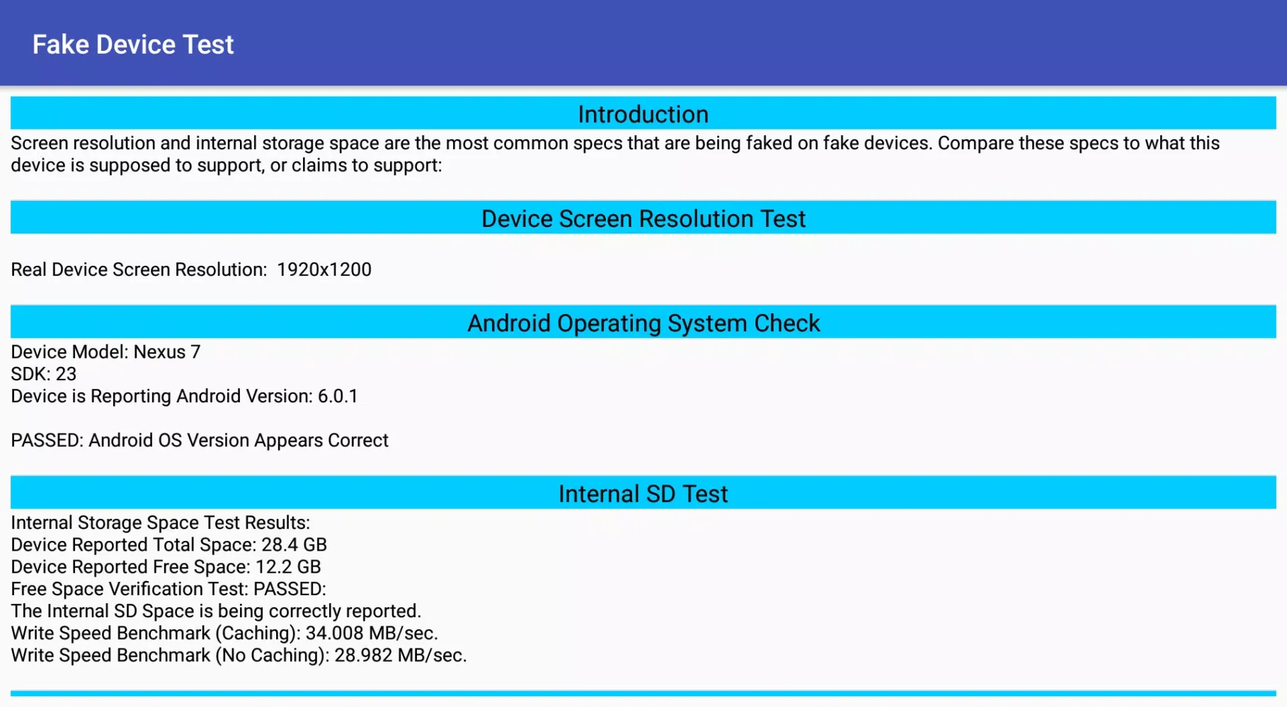Ảnh chụp màn hình của Fake Device Test