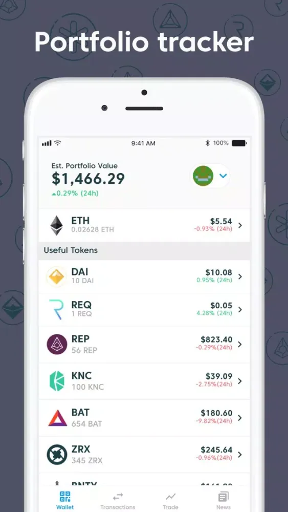 Capturas de tela do Ethex Trade Wallet